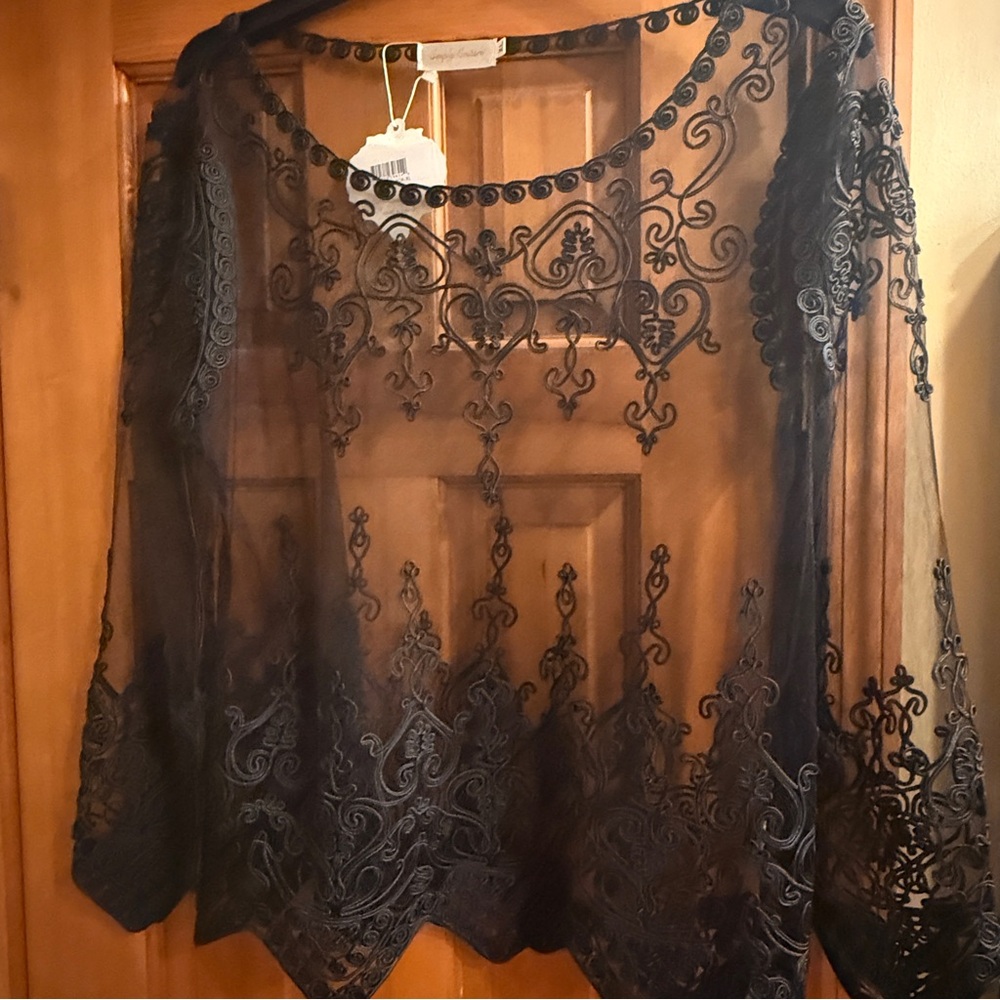 Sheer Embroidered Black Long-Sleeve Top - Picture 5 of 16